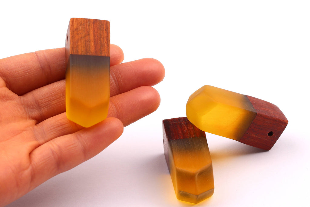Wood Resin Pendant - Natural Monzo Wooden Charms - Yellow Epoxy Resin Necklace - Jewelry Supplies - Wooden Beads - 50x17x17mm - BB1006Y - DOMEDBAZAAR