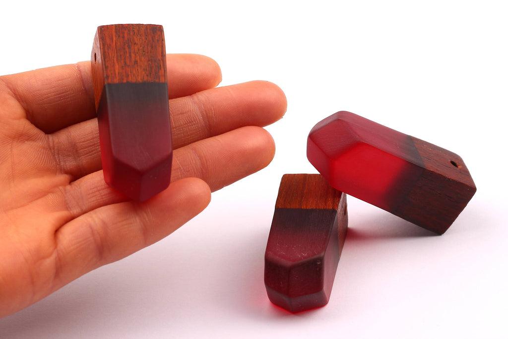 Wood Resin Pendant - Natural Monzo Wooden Charms - Red Epoxy Resin Necklace - Jewelry Supplies - Wooden Beads - 50x17x17mm - BB1006R - DOMEDBAZAAR