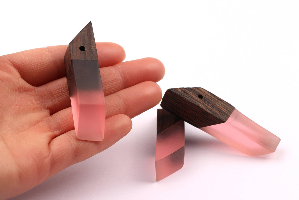 Wood Resin Pendant - Natural Monzo Wooden Charms - Pink Epoxy Resin Necklace - Jewelry Supplies - Wooden Beads - 60x14x14mm - BB1009 - DOMEDBAZAAR