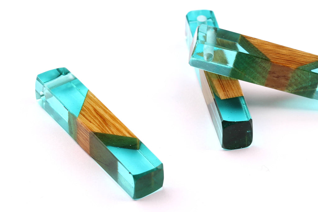 Wood Resin Pendant - Natural Mahogany Wooden Charms - Blue Epoxy Resin Necklace - Jewelry Supplies - Wooden Beads - 60x10x11mm - BB1017SB - DOMEDBAZAAR