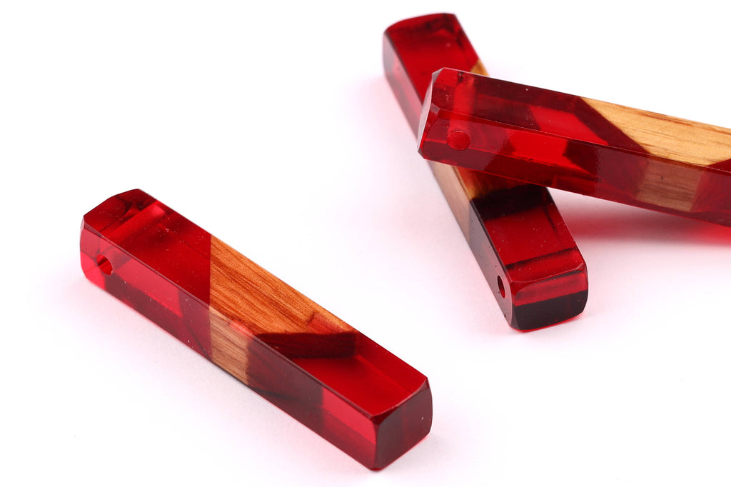 Wood Resin Pendant - Natural Mahogany Wooden Charms - Red Epoxy Resin Necklace - Jewelry Supplies - Wooden Beads - 60x10x11mm - BB1017SR - DOMEDBAZAAR