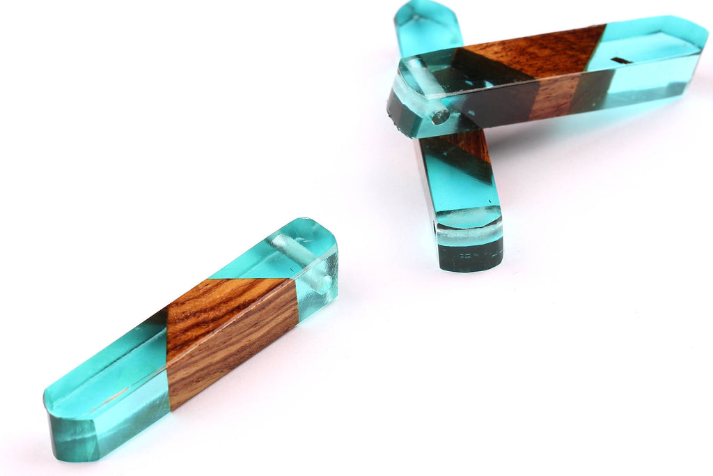 Wood Resin Pendant - Natural Mahogany Wooden Charms - Blue Epoxy Resin Necklace - Jewelry Supplies - Wooden Beads - 60x10x11mm - BB1018SB - DOMEDBAZAAR