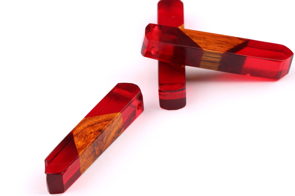 Wood Resin Pendant - Natural Mahogany Wooden Charms - Red Epoxy Resin Necklace - Jewelry Supplies - Wooden Beads - 60x10x11mm - BB1018SR - DOMEDBAZAAR