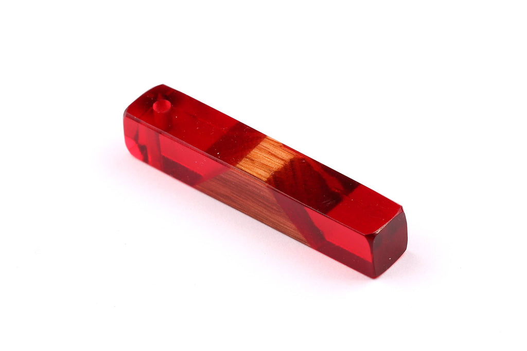 Wood Resin Pendant - Natural Mahogany Wooden Charms - Red Epoxy Resin Necklace - Jewelry Supplies - Wooden Beads - 60x10x11mm - BB1017SR - DOMEDBAZAAR