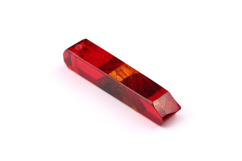 Wood Resin Pendant - Natural Mahogany Wooden Charms - Red Epoxy Resin Necklace - Jewelry Supplies - Wooden Beads - 60x10x11mm - BB1018SR - DOMEDBAZAAR
