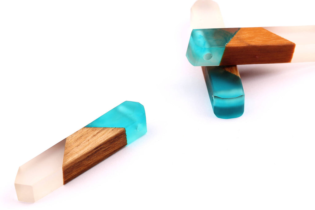 Wood Resin Pendant - Natural Mahogany Wooden Charms - Blue & White Epoxy Resin Necklace - Jewelry Supplies - Beads - 60x10x11mm - BB1019B - DOMEDBAZAAR