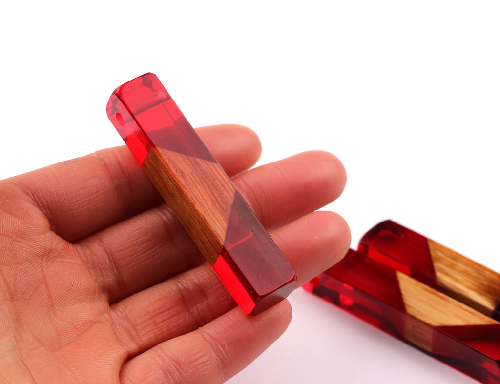 Wood Resin Pendant - Natural Mahogany Wooden Charms - Red Epoxy Resin Necklace - Jewelry Supplies - Wooden Beads - 60x10x11mm - BB1017SR - DOMEDBAZAAR