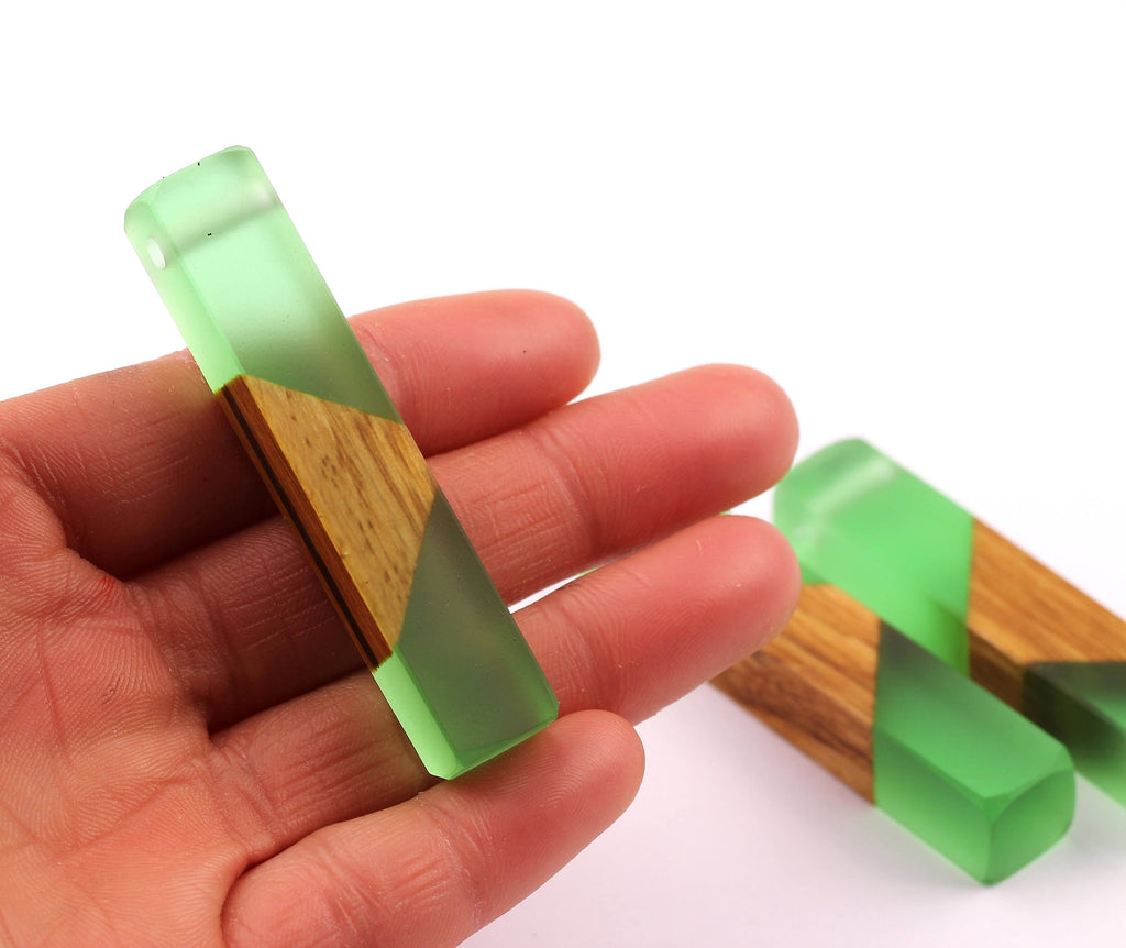 Wood Resin Pendant - Natural Mahogany Wooden Charms - Green Epoxy Resin Necklace - Jewelry Supplies - Wooden Beads - 60x10x11mm - BB1017MG - DOMEDBAZAAR