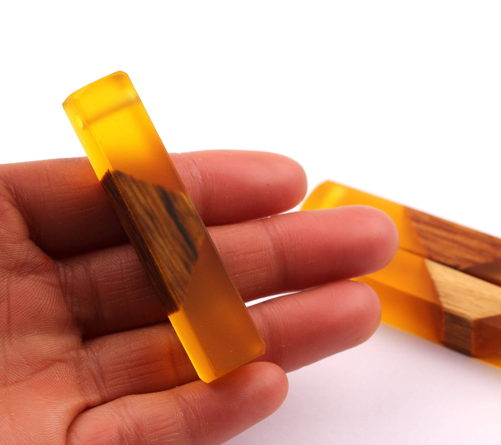 Wood Resin Pendant - Natural Mahogany Wooden Charms - Yellow Epoxy Resin Necklace - Jewelry Supplies - Wooden Beads - 60x10x11mm - BB1017MY - DOMEDBAZAAR