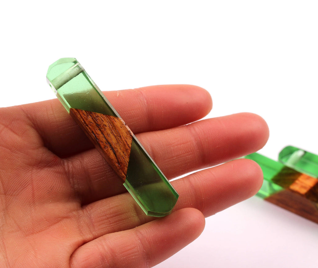 Wood Resin Pendant - Natural Mahogany Wooden Charms - Green Epoxy Resin Necklace - Jewelry Supplies - Wooden Beads - 60x10x11mm - BB1018SG - DOMEDBAZAAR