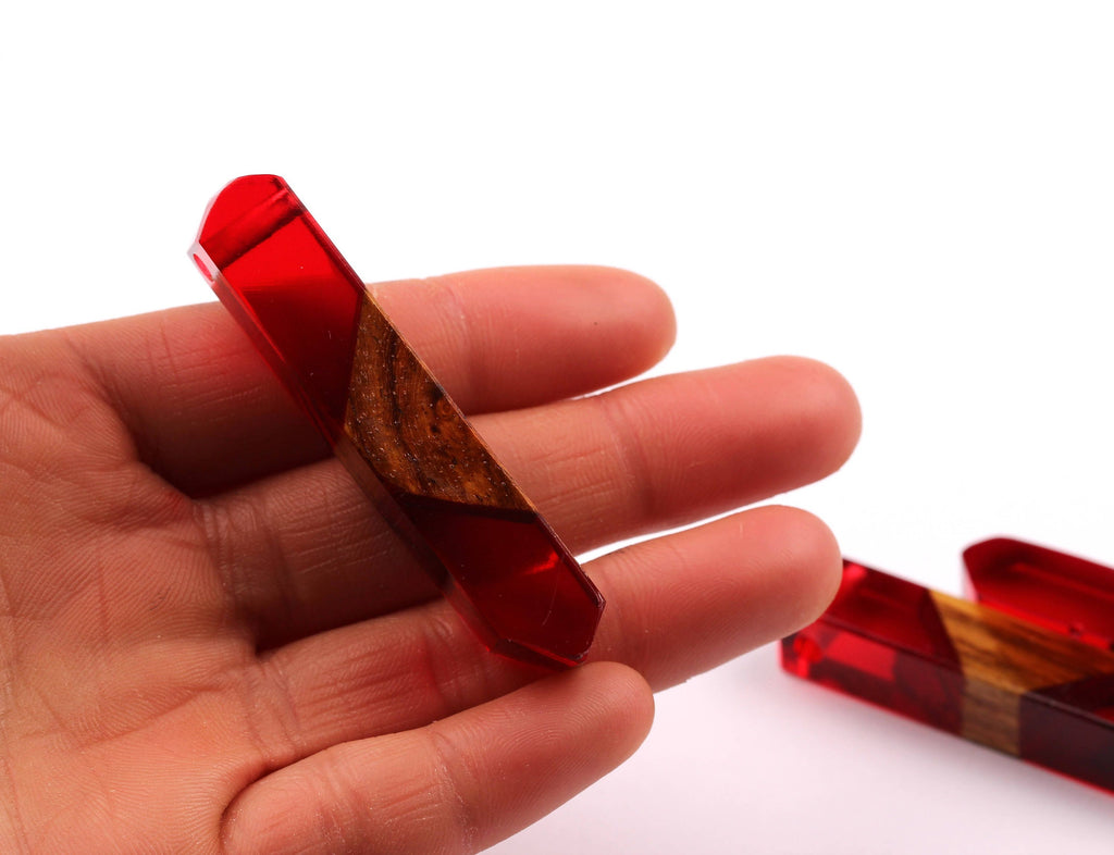 Wood Resin Pendant - Natural Mahogany Wooden Charms - Red Epoxy Resin Necklace - Jewelry Supplies - Wooden Beads - 60x10x11mm - BB1018SR - DOMEDBAZAAR
