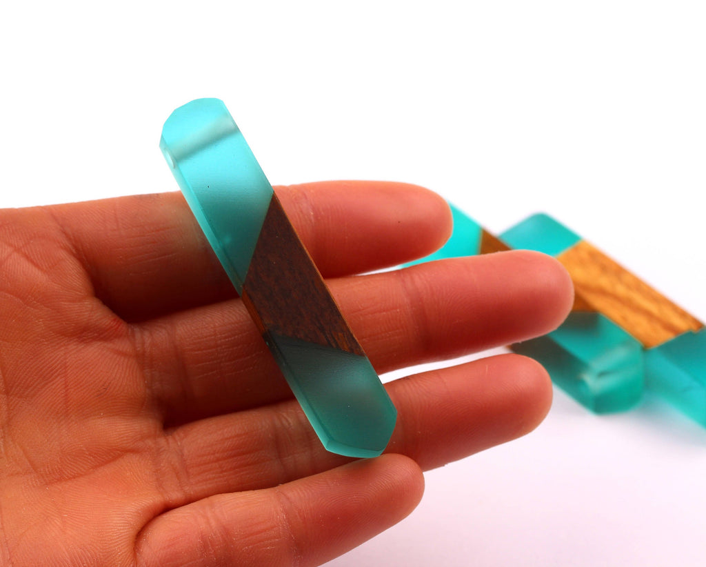 Wood Resin Pendant - Natural Mahogany Wooden Charms - Blue Epoxy Resin Necklace - Jewelry Supplies - Wooden Beads - 60x10x11mm - BB1018MB - DOMEDBAZAAR