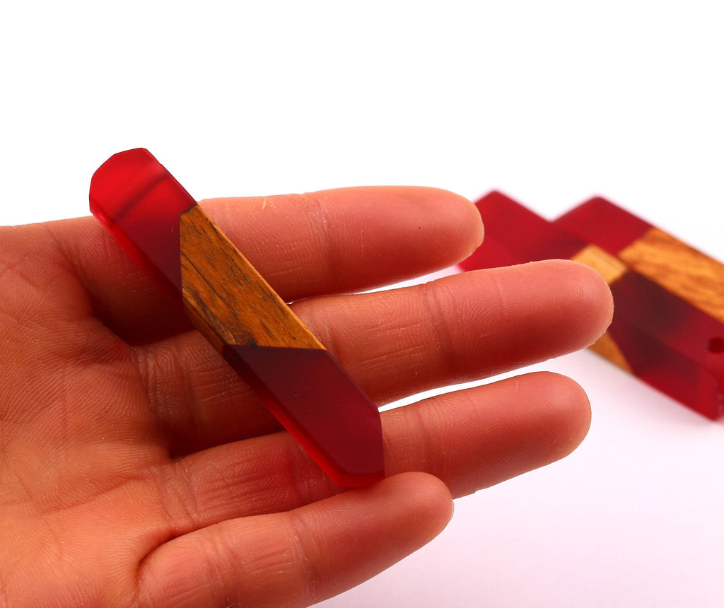 Wood Resin Pendant - Natural Mahogany Wooden Charms - Red Epoxy Resin Necklace - Jewelry Supplies - Wooden Beads - 60x10x11mm - BB1018MR - DOMEDBAZAAR