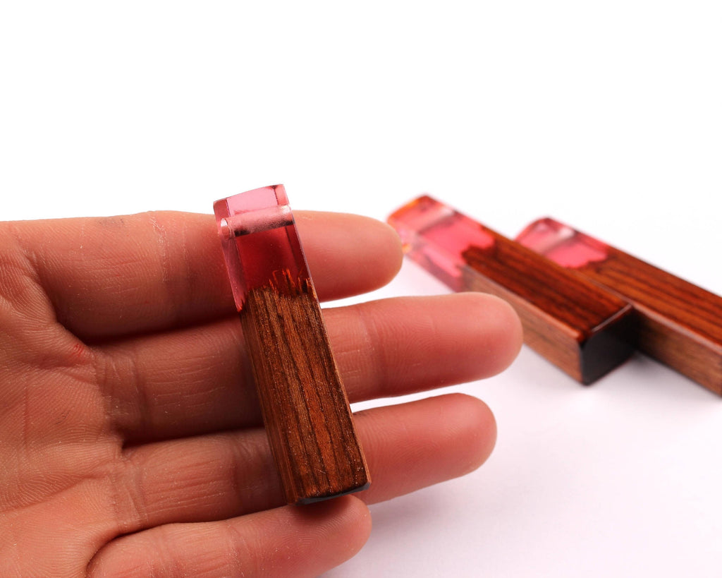 Wood Resin Pendant - Natural Mahogany Wooden Charms - Pink Epoxy Resin Necklace - Jewelry Supplies - Wooden Beads - 49x10x12mm - BB1021SP - DOMEDBAZAAR