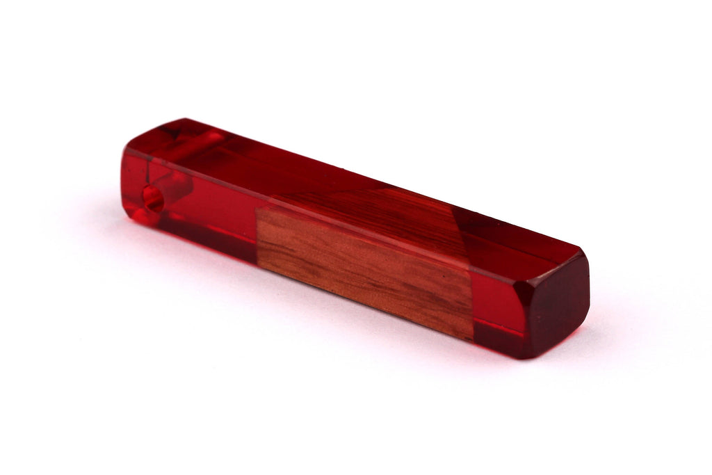 Wood Resin Pendant - Natural Mahogany Wooden Charms - Red Epoxy Resin Necklace - Jewelry Supplies - Wooden Beads - 60x10x11mm - BB1017SR - DOMEDBAZAAR