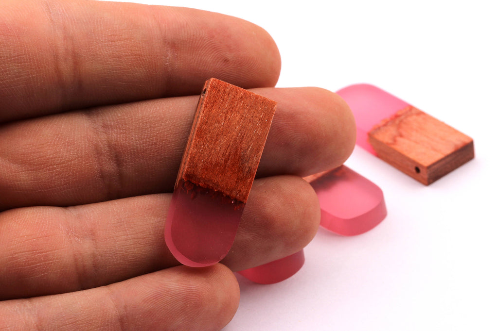Wood Resin Pendant - Natural Wooden Charms - Light Pink Epoxy Resin Necklace - Jewelry Supplies - Wooden Beads 32x13x4mm - BB1036P - DOMEDBAZAAR