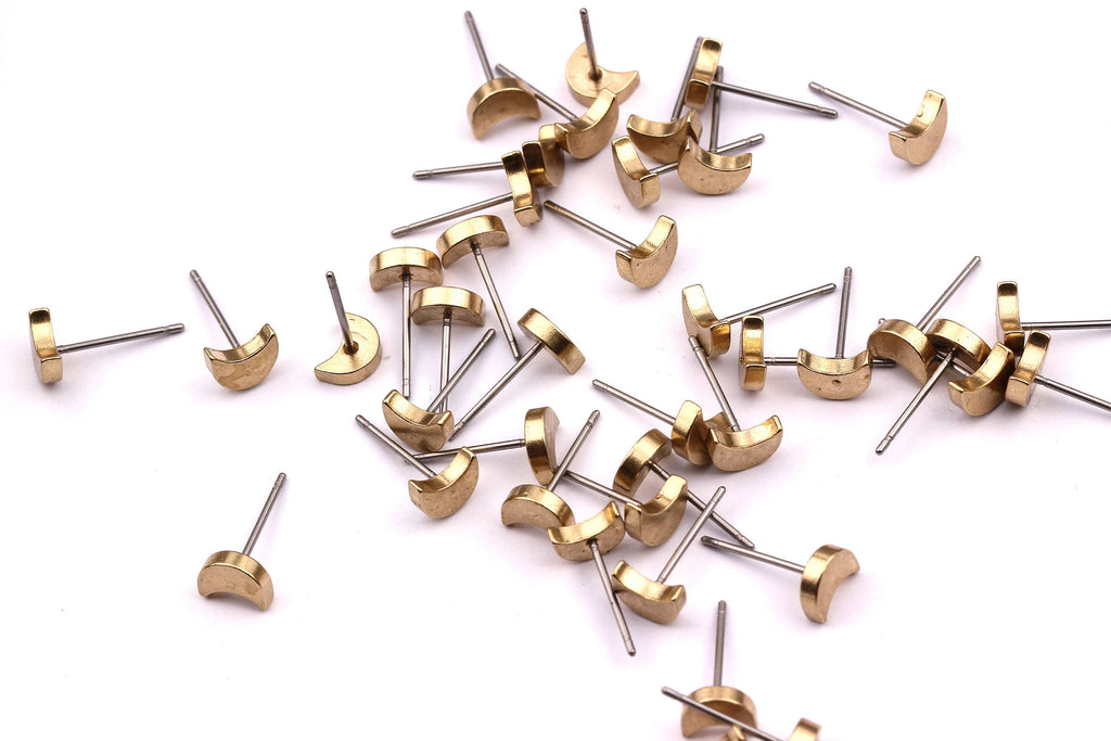 Crescent Stud - Raw Brass Cresscent Pad - Stainless Steel Earring Posts - Ear Studs - Jewelry Supplies for Earrings - 7x14.6mm PP1011 - DOMEDBAZAAR