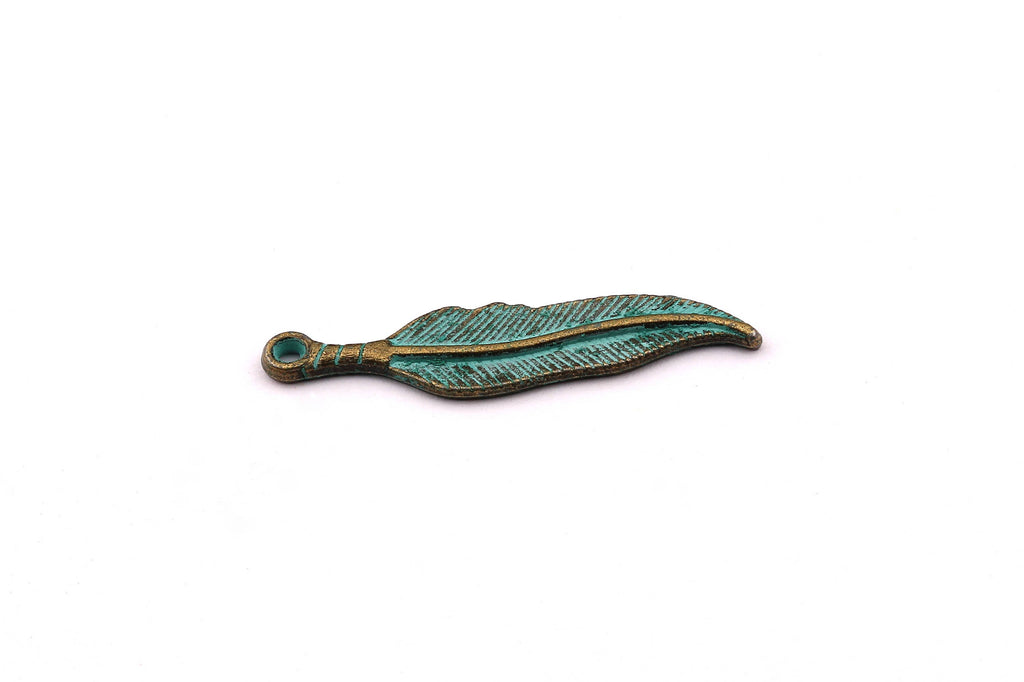 Faux Patina Pendant - Feather Shaped - Alloy Charms - Antique Bronze Tone Necklace - Zinc Alloy Beads - Jewelry Supplies - 30x7x2mm ZZ1027 - DOMEDBAZAAR