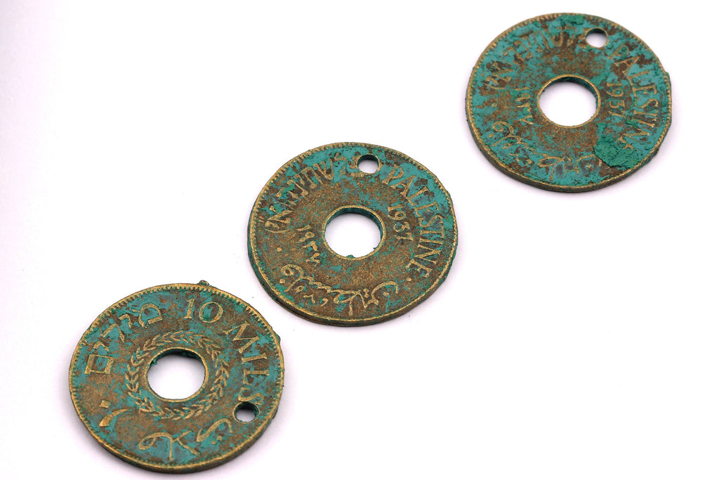 Faux Patina Pendant - Coin Shaped - Alloy Charms - Antique Bronze Tone Necklace - Zinc Alloy Beads - Palestine Coin - 25x25x1.5mm ZZ1082 - DOMEDBAZAAR
