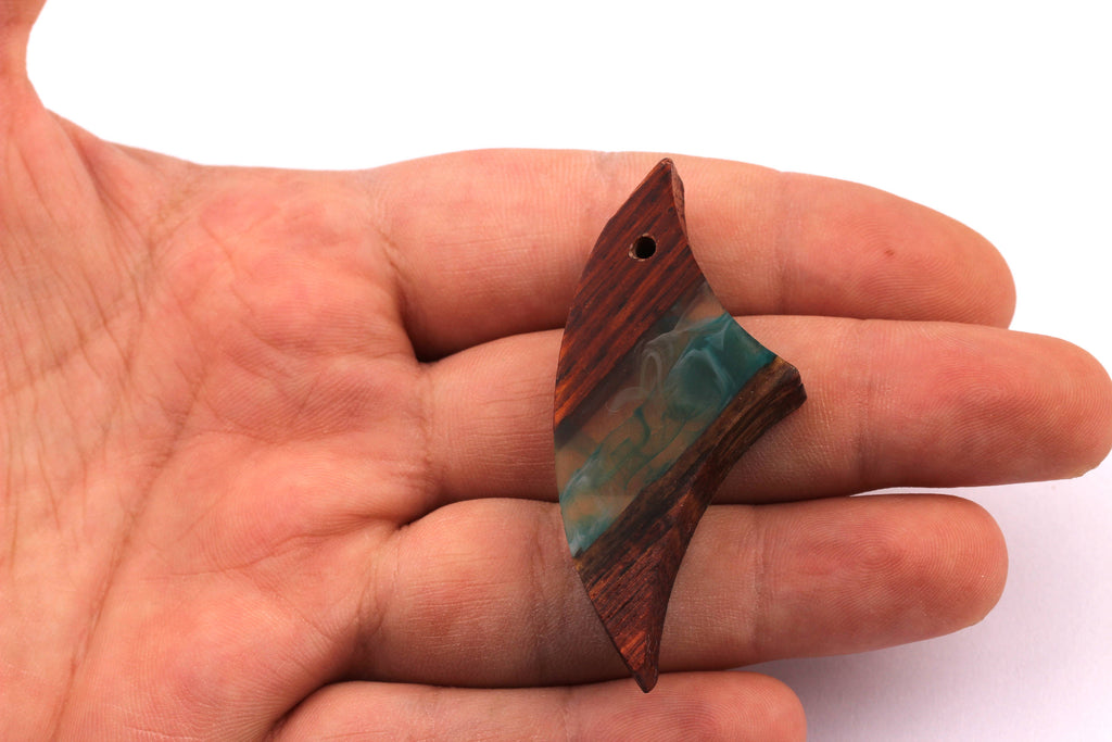 Wood Resin Pendant - Natural Mahogany Wooden Charms - Turquoise Epoxy Resin Necklace - Jewelry Supplies - Wooden Beads - 57x25x10mm BB1026T - DOMEDBAZAAR