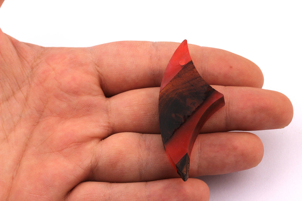 Wood Resin Pendant - Natural Mahogany Wooden Charms - Red Epoxy Resin Necklace - Jewelry Supplies - Wooden Beads - 57x25x10mm BB1026R - DOMEDBAZAAR