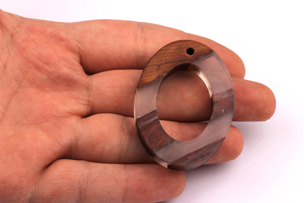 Wood Resin Pendant - Natural Mahogany Wooden Charms - White Epoxy Resin Necklace - Ellipse Shaped - Wooden Beads - 50x38x9mm - BB1027W - DOMEDBAZAAR