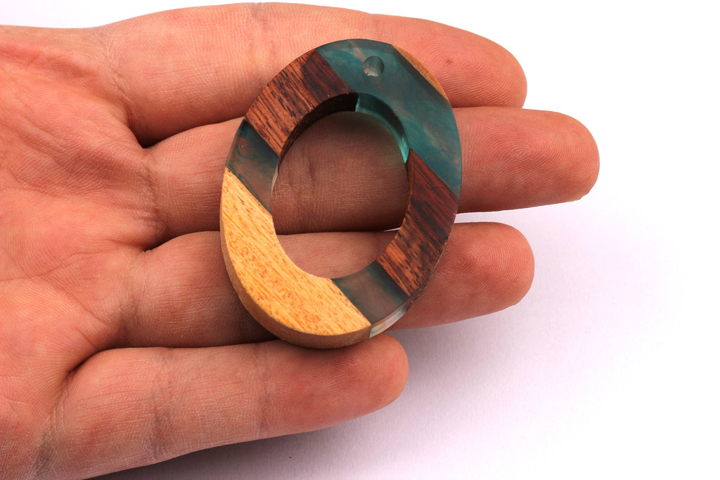 Wood Resin Pendant - Natural Mahogany Wooden Charms - Turquoise Epoxy Resin Necklace - Ellipse Shaped - Wooden Beads - 50x38x9mm - BB1027T - DOMEDBAZAAR