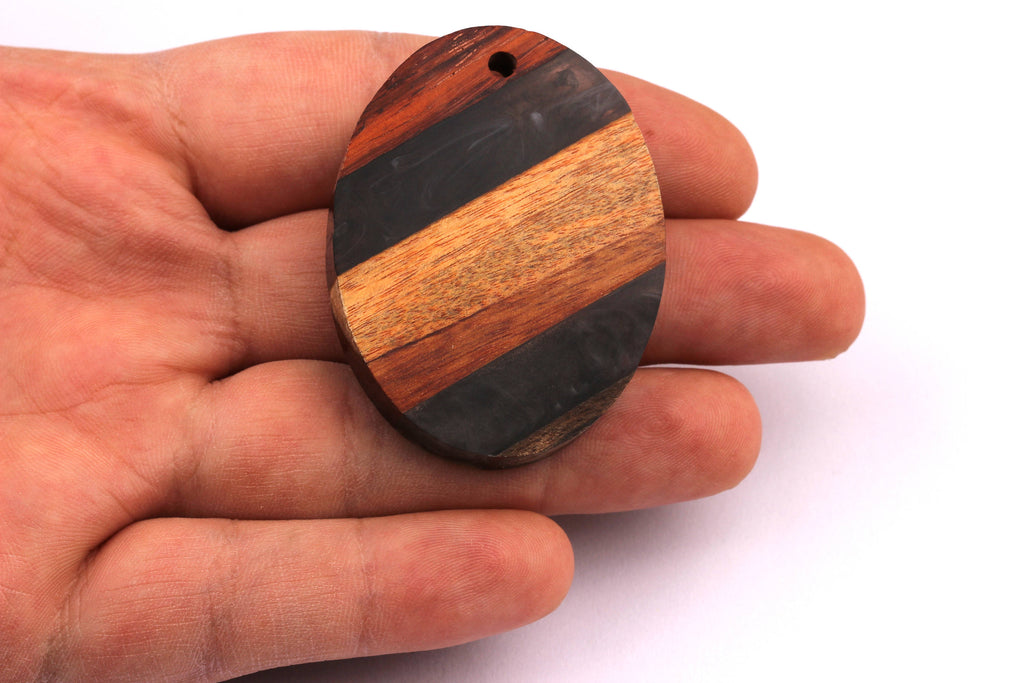 Wood Resin Pendant - Natural Mahogany Wooden Charms - Black Epoxy Resin Necklace - Ellipse Shaped - Wooden Beads - 50x38x10 - BB1028BK - DOMEDBAZAAR