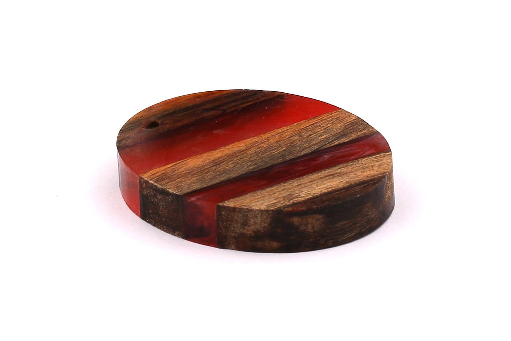 Wood Resin Pendant - Natural Mahogany Wooden Charms - Red Epoxy Resin Necklace - Ellipse Shaped - Wooden Beads -50x38x10 - BB1028R - DOMEDBAZAAR