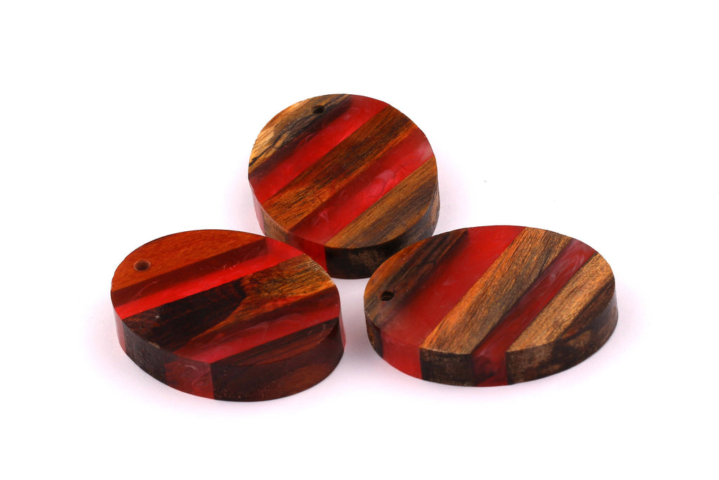 Wood Resin Pendant - Natural Mahogany Wooden Charms - Red Epoxy Resin Necklace - Ellipse Shaped - Wooden Beads -50x38x10 - BB1028R - DOMEDBAZAAR