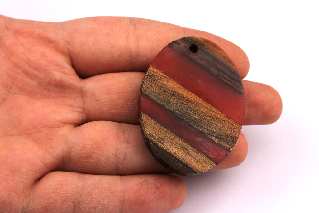 Wood Resin Pendant - Natural Mahogany Wooden Charms - Red Epoxy Resin Necklace - Ellipse Shaped - Wooden Beads -50x38x10 - BB1028R - DOMEDBAZAAR