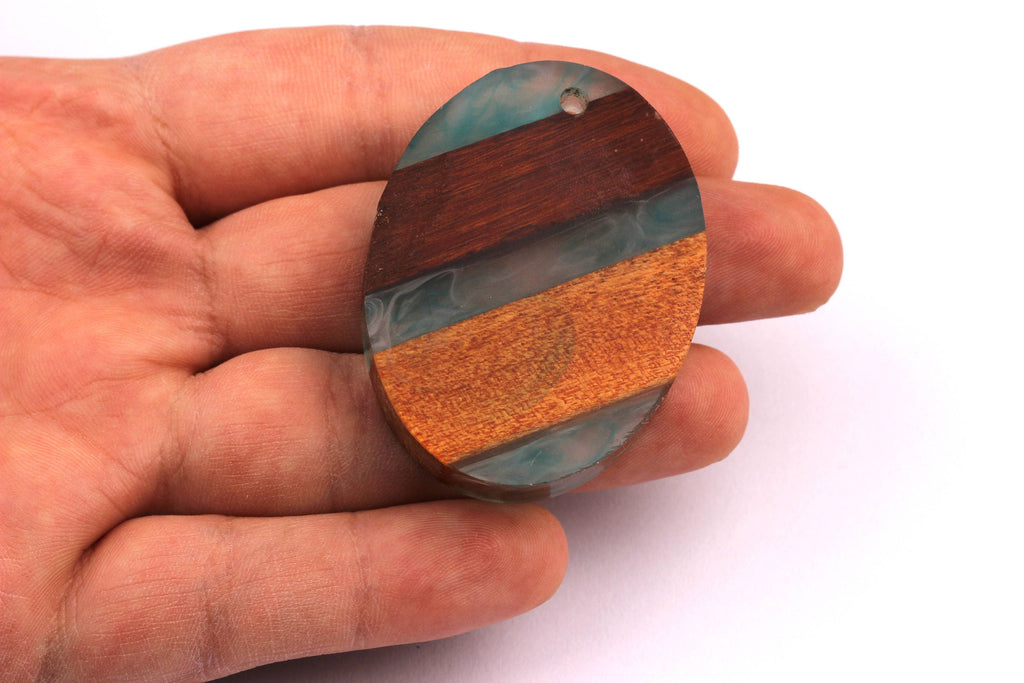 Wood Resin Pendant - Natural Mahogany Wooden Charms - Turquoise Epoxy Resin Necklace - Ellipse Shaped - Wooden Beads - 50x38x10 - BB1028T - DOMEDBAZAAR