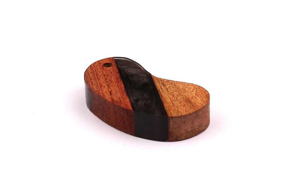 Wood Resin Pendant - Natural Mahogany Wooden Charms - Black Epoxy Resin Necklace - Bean Shaped - Wooden Beads - 46x24x10 - BB1029BK - DOMEDBAZAAR