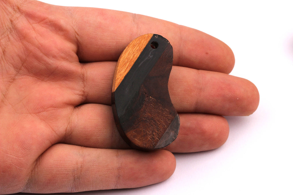 Wood Resin Pendant - Natural Mahogany Wooden Charms - Black Epoxy Resin Necklace - Bean Shaped - Wooden Beads - 46x24x10 - BB1029BK - DOMEDBAZAAR