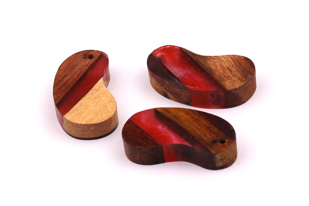 Wood Resin Pendant - Natural Mahogany Wooden Charms - Red Epoxy Resin Necklace - Bean Shaped - Wooden Beads - 46x24x10 - BB1029R - DOMEDBAZAAR