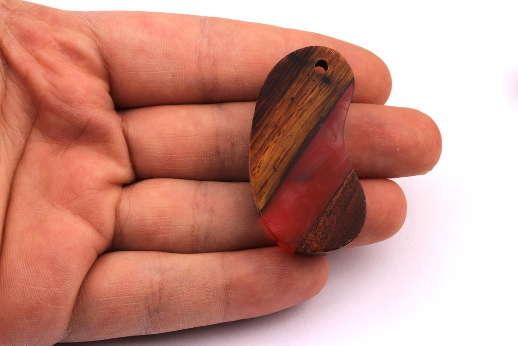 Wood Resin Pendant - Natural Mahogany Wooden Charms - Red Epoxy Resin Necklace - Bean Shaped - Wooden Beads - 46x24x10 - BB1029R - DOMEDBAZAAR