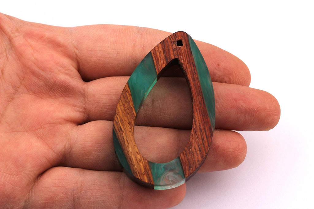 Wood Resin Pendant - Natural Mahogany Wooden Charms - Turquoise Epoxy Resin Necklace - Teardrop Shaped - Wooden Beads - 59x37x9mm - BB1030G - DOMEDBAZAAR