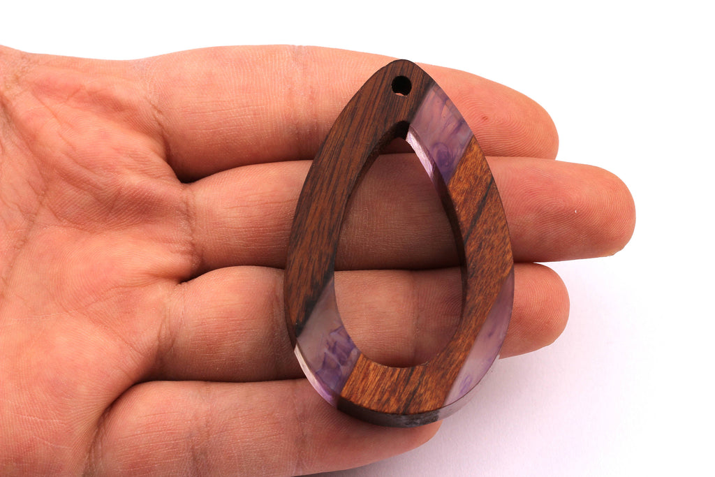 Wood Resin Pendant - Natural Mahogany Wooden Charms - Purple Epoxy Resin Necklace - Teardrop Shaped - Wooden Beads -59x37x10mm - BB1030PR - DOMEDBAZAAR