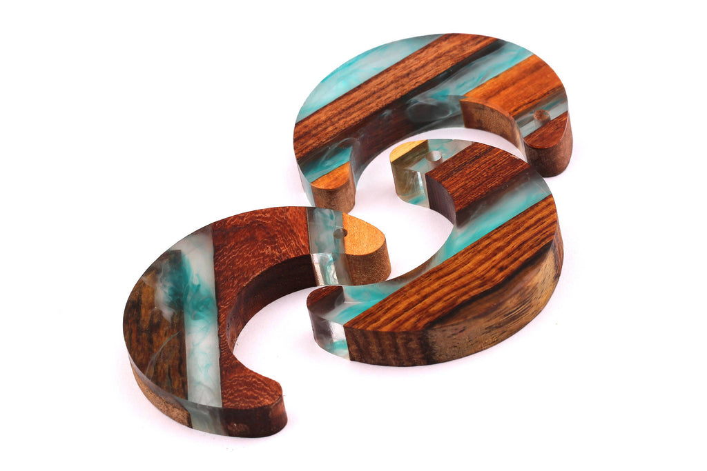 Wood Resin Pendant - Natural Mahogany Wooden Charms - Turquoise Epoxy Resin Necklace - Crescent Shaped - Wooden Beads - 60X23x10m - BB1031T - DOMEDBAZAAR