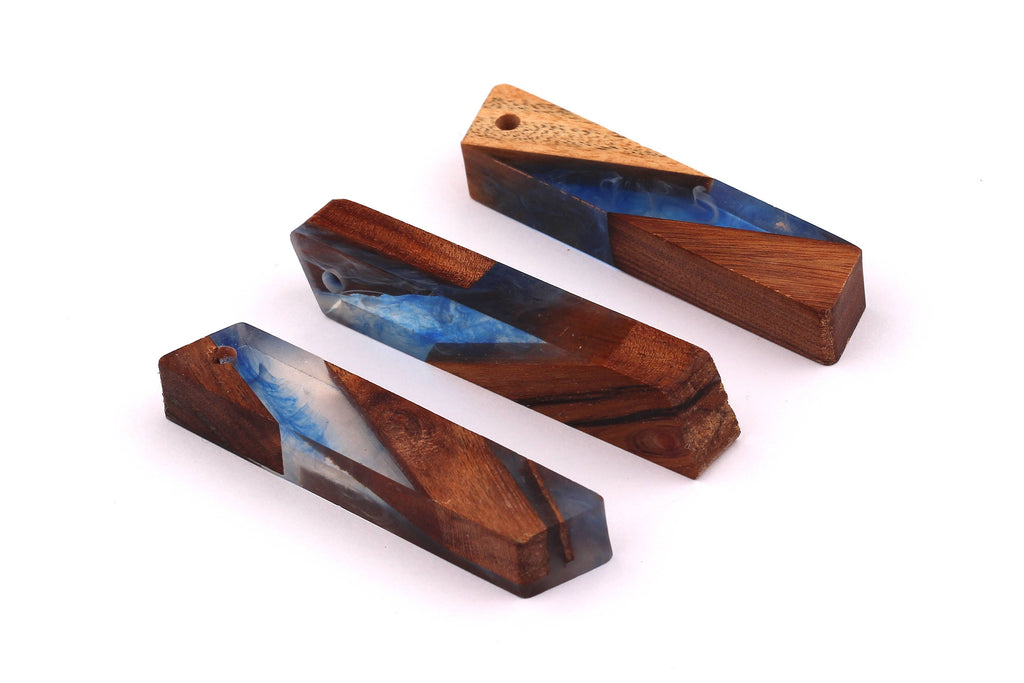 Wood Resin Pendant - Natural Mahogany Wooden Charms - Blue Epoxy Resin Necklace - Parallelogram Shaped - Wooden Beads - 63x13x10mm - BB1032B - DOMEDBAZAAR