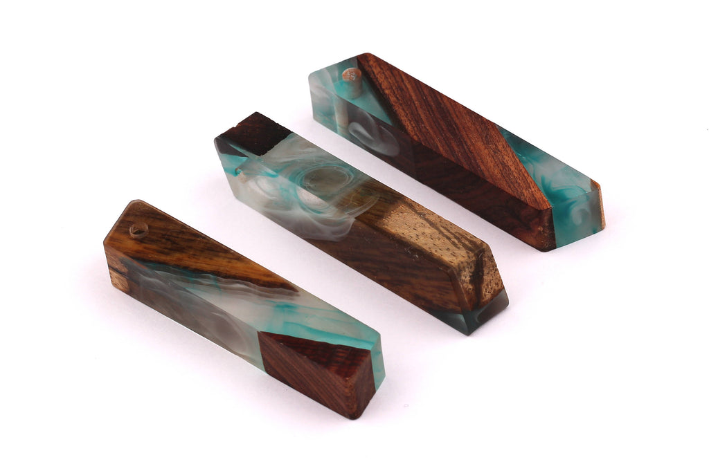 Wood Resin Pendant - Natural Mahogany Wooden Charms - Turquoise Epoxy Resin Necklace - Parallelogram Shaped - Wooden Beads - 63x10mm-BB1032T - DOMEDBAZAAR