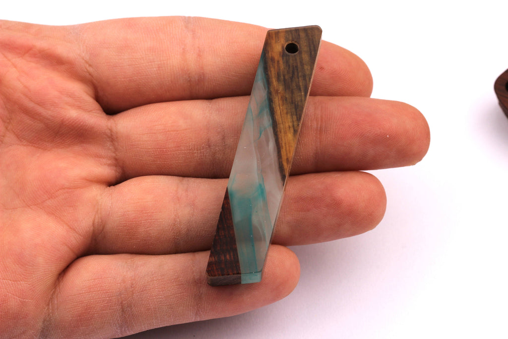 Wood Resin Pendant - Natural Mahogany Wooden Charms - Turquoise Epoxy Resin Necklace - Parallelogram Shaped - Wooden Beads - 63x10mm-BB1032T - DOMEDBAZAAR