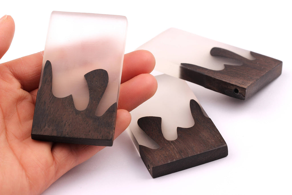 Wood Resin Pendant - Natural Monzo Wooden Charms - White Epoxy Resin Necklace - Jewelry Supplies - Rectangle Shaped - 70x40x8mm - BB1001W - DOMEDBAZAAR