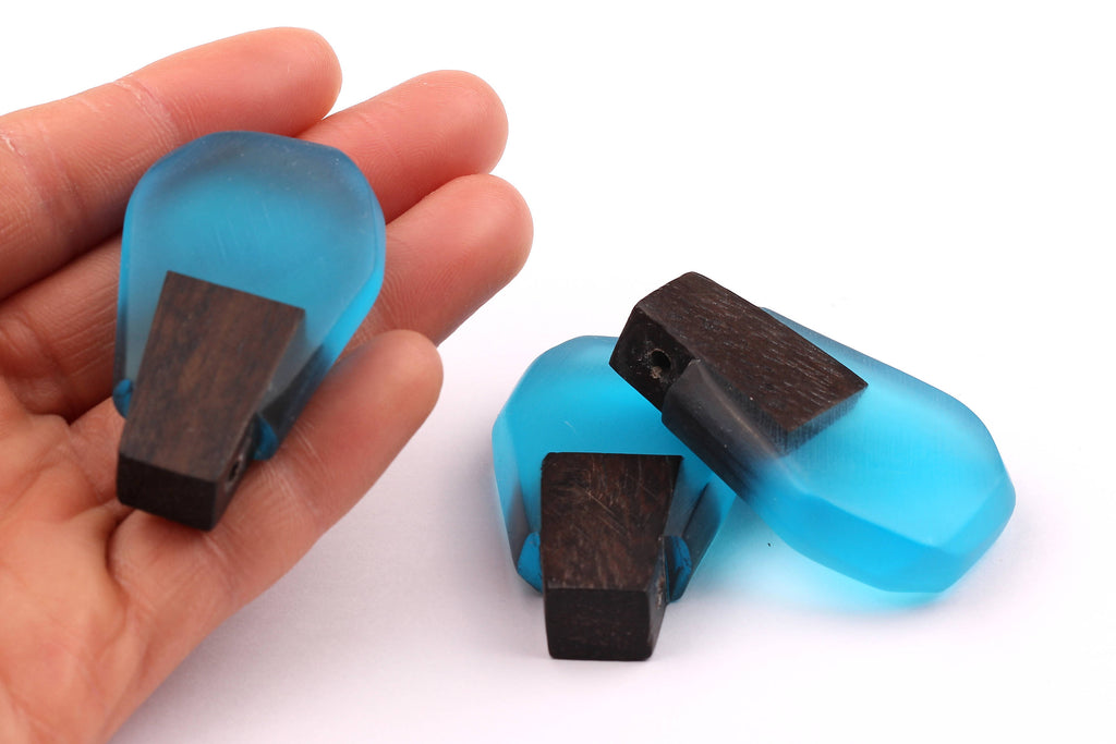 Wood Resin Pendant - Natural Monzo Wooden Charms - Blue Epoxy Resin Necklace - Jewelry Supplies - Wooden Beads - 47x30x10mm - BB1002B - DOMEDBAZAAR