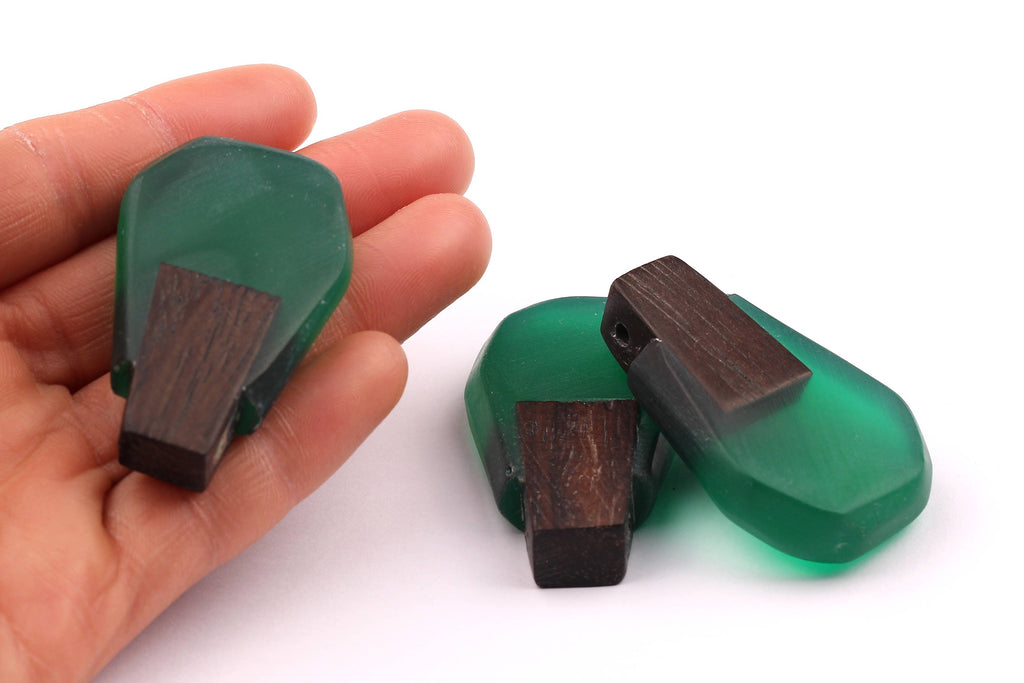 Wood Resin Pendant - Natural Monzo Wooden Charms - Green Epoxy Resin Necklace - Jewelry Supplies - Wooden Beads - 47x30x10mm - BB1002G - DOMEDBAZAAR