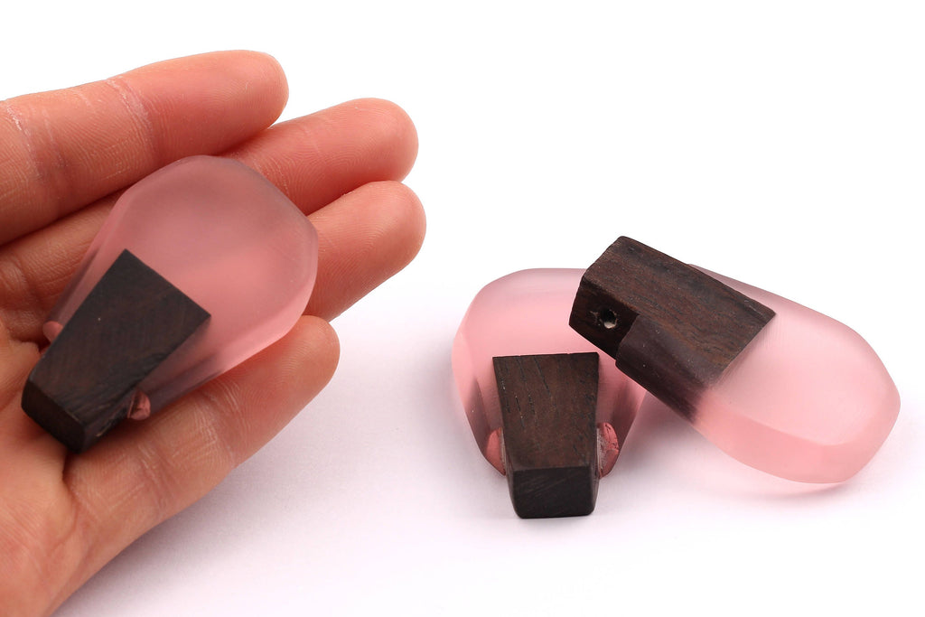 Wood Resin Pendant - Natural Monzo Wooden Charms - Pink Epoxy Resin Necklace - Jewelry Supplies - Wooden Beads - 47x30x10mm - BB1002P - DOMEDBAZAAR