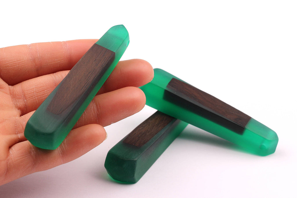 Wood Resin Pendant - Natural Monzo Wooden Charms - Green Epoxy Resin Necklace - Jewelry Supplies - Wooden Beads - 73x15x12mm - BB1003G - DOMEDBAZAAR