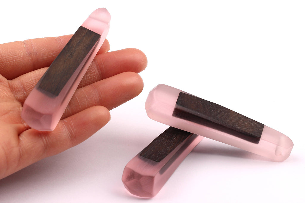 Wood Resin Pendant - Natural Monzo Wooden Charms - Pink Epoxy Resin Necklace - Jewelry Supplies - Wooden Beads - 73x15x12mm - BB1003P - DOMEDBAZAAR