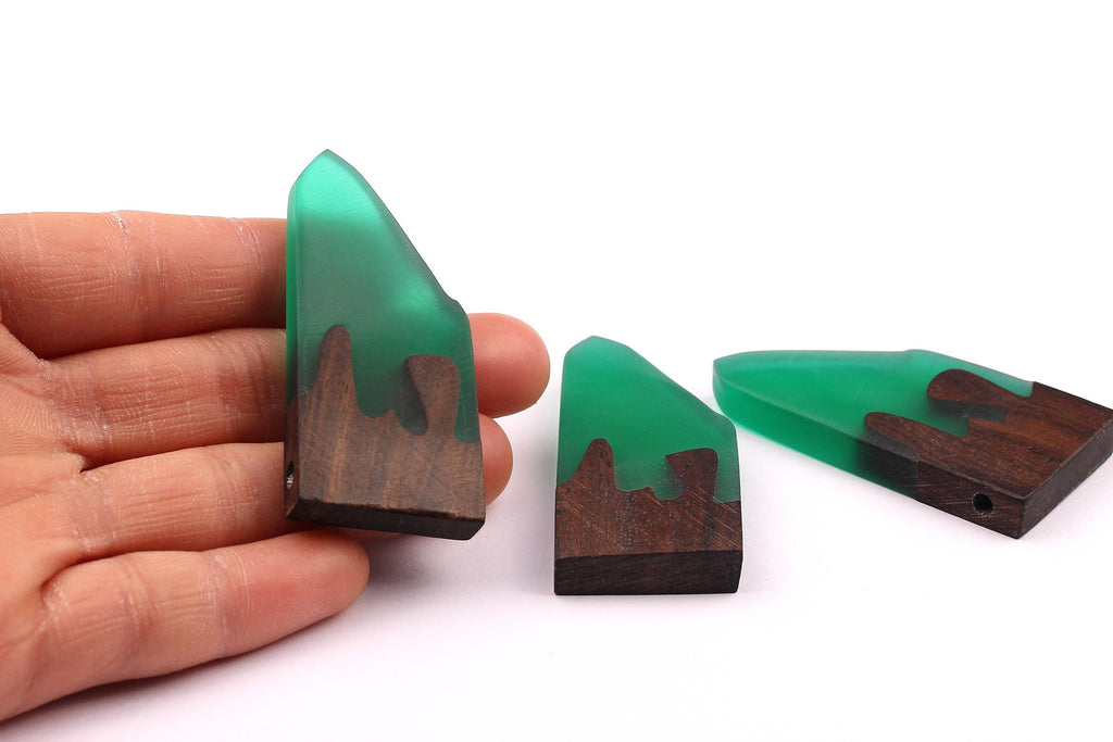 Wood Resin Pendant - Natural Monzo Wooden Charms - Green Epoxy Resin Necklace - Jewelry Supplies - Wooden Beads - 50x23x6mm - BB1004G - DOMEDBAZAAR