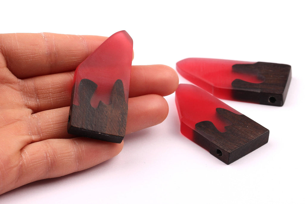 Wood Resin Pendant - Natural Monzo Wooden Charms - Red Epoxy Resin Necklace - Jewelry Supplies - Wooden Beads - 50x23x6mm - BB1004R - DOMEDBAZAAR